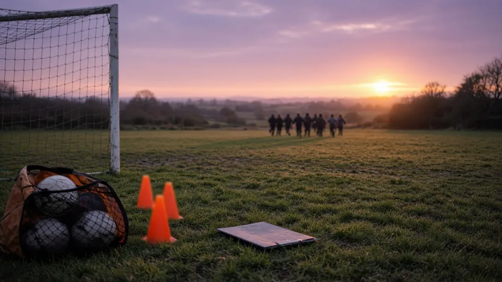 A grassroots football pitch at golden hour: a goal, orange training cones, a bag of footballs and a clipboard on the grass, with a team jogging in the distance